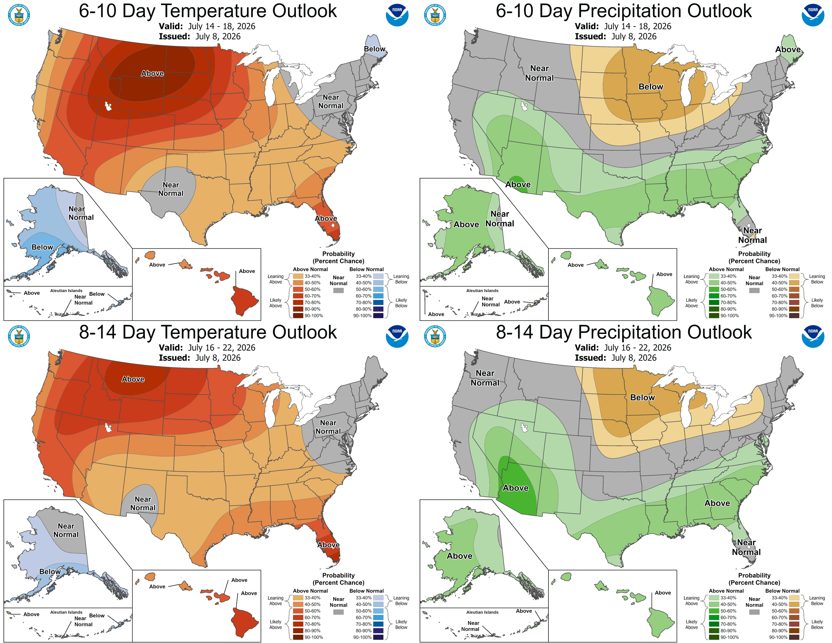 The 6-10 day (July 14-18, top) and 8-14 day (July 16-22, bottom) outlooks for temperature (left) and precipitation (right).&nbsp;